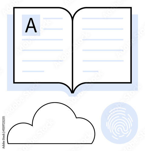 Open book with large letter A, simplified cloud symbol, and fingerprint scanning motif. Ideal for education, digital learning, cloud computing, security, privacy data management e-books. Line