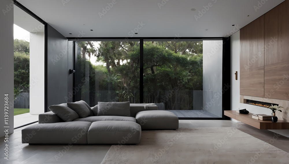 Fototapeta premium Spacious living room featuring a modern gray sectional sofa and large windows overlooking a green landscape.