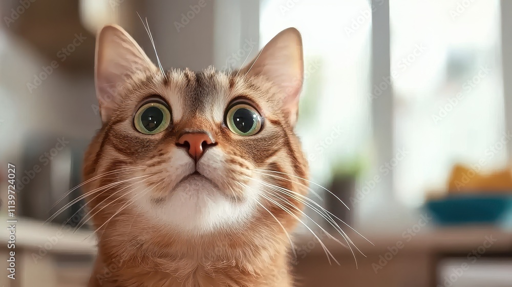 Curious Cat Gazing Upwards in Bright Room with Soft Focused Background Curious Cat Gazing Upwards in Bright Room with Soft Focused Background