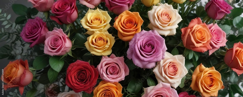 Luxury bouquet featuring a mix of colored roses and foliage, rose petals, floral arrangement, high end flowers Luxury bouquet featuring a mix of colored roses and foliage, rose petals, floral arrangement, high end flowers