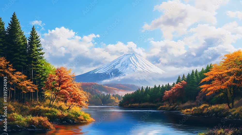 Peaceful Riverside Scene Featuring Mount Fuji and Autumn Foliage Peaceful Riverside Scene Featuring Mount Fuji and Autumn Foliage