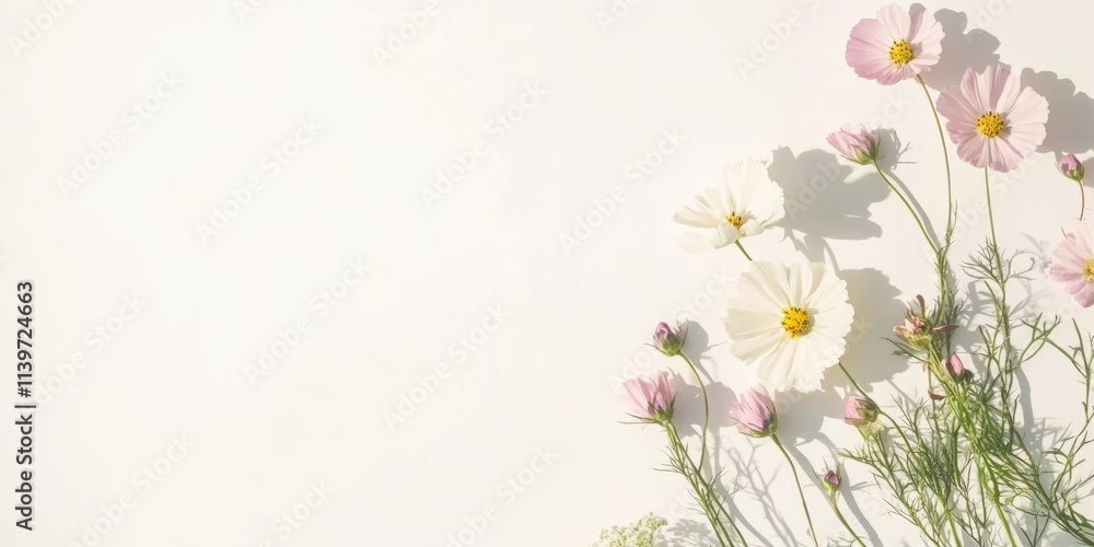 Creative banner design featuring pressed flowers and clean shadows with contrast empty space inside Creative banner design featuring pressed flowers and clean shadows with contrast empty space inside