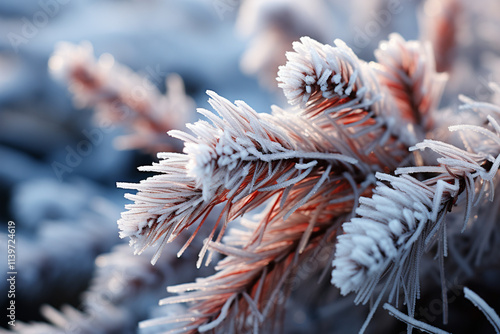 delicate relationship between frost and a pine tree represents beauty of icy crystals, resilience of pine, and harmony that can be discovered during winter season photo