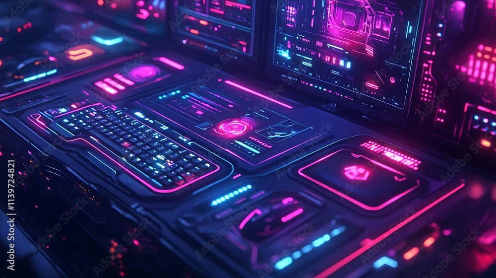 A custom gaming mousepad with bold, neon graphics, covering a high-tech gaming setup with LED keyboard and a dual-monitor display, vivid lighting enhancing the intense design, hd quality, A custom gaming mousepad with bold, neon graphics, covering a high-tech gaming setup with LED keyboard and a dual-monitor display, vivid lighting enhancing the intense design, hd quality,