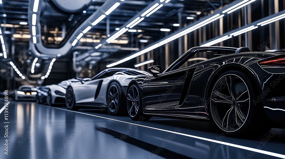 Obraz premium Modern cars elegantly arranged in an industrial showroom, showcasing sleek designs and advanced technology, embodying innovation and automotive excellence.