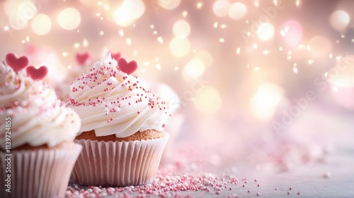 Valentine's day cupcake with heart sprinkles concept. Sweet, decorated cupcakes with pink sprinkles and heart-shaped toppers set against a dreamy, sparkling background.