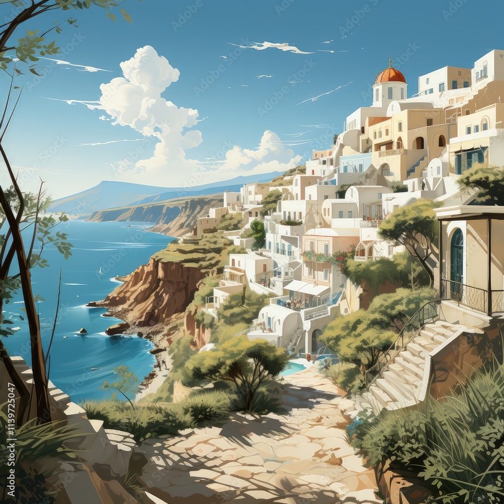 Naklejka premium A Scenic Poster Style Illustration of Santorini Greece