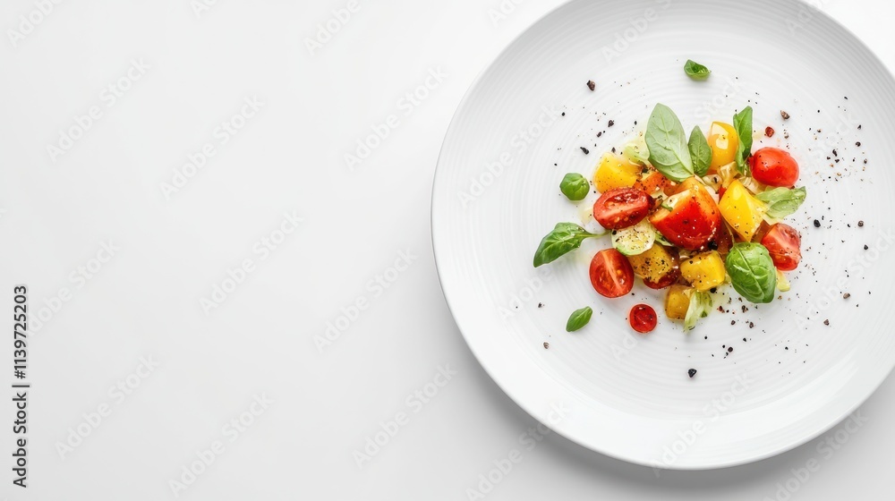 Delicious tomato and mango salad on white plate. Delicious tomato and mango salad on white plate.