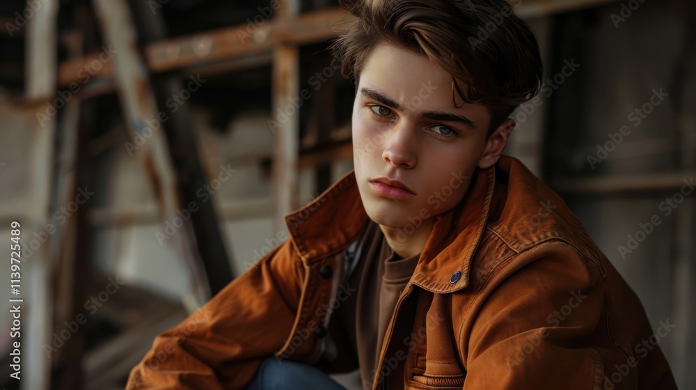 Young man in a rustic setting wearing a brown jacket with a serious expression Young man in a rustic setting wearing a brown jacket with a serious expression
