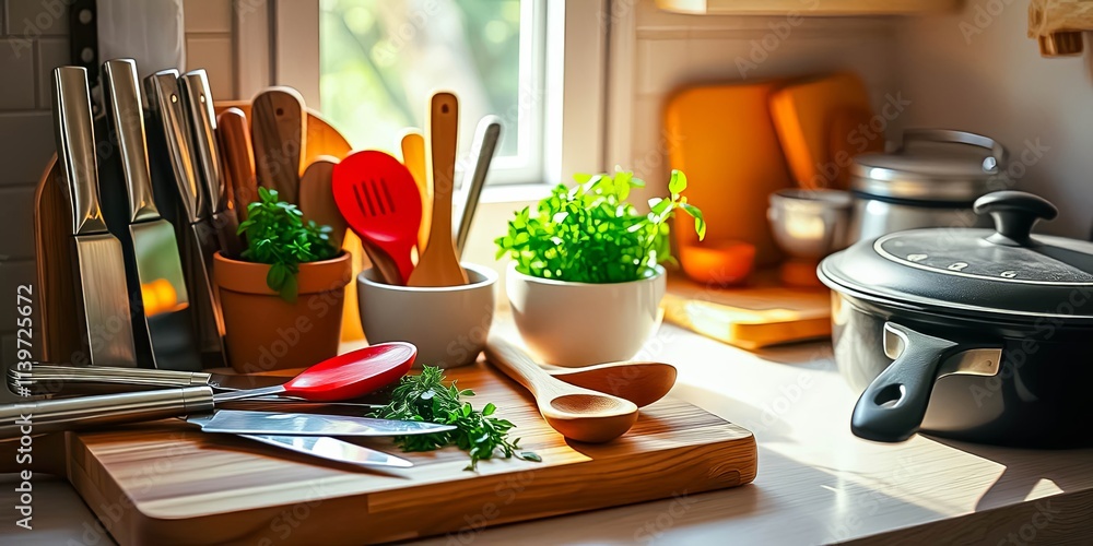 Sunlit Kitchen Utensils and Herbs on Wooden Cutting Board Sunlit Kitchen Utensils and Herbs on Wooden Cutting Board