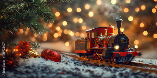 Santas christmas train surrounded snowcovered tree falling snowflake traditional holiday card
