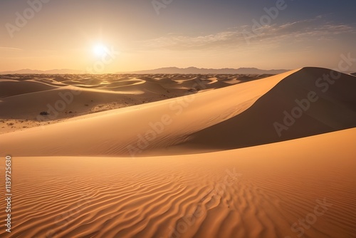 A blazing sun scorches the endless desert, casting shadows that dance across the dunes. photo