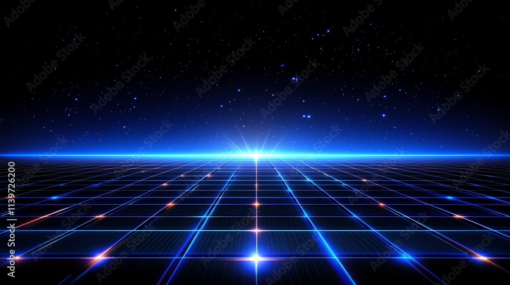 Abstract futuristic grid landscape with glowing lines and stars. Abstract futuristic grid landscape with glowing lines and stars.