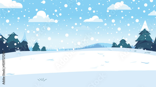 Winter Landscape, Snow Fields, Pine Trees. Snowfall vector scene. Winter Holidays background, banner or greeting card template.