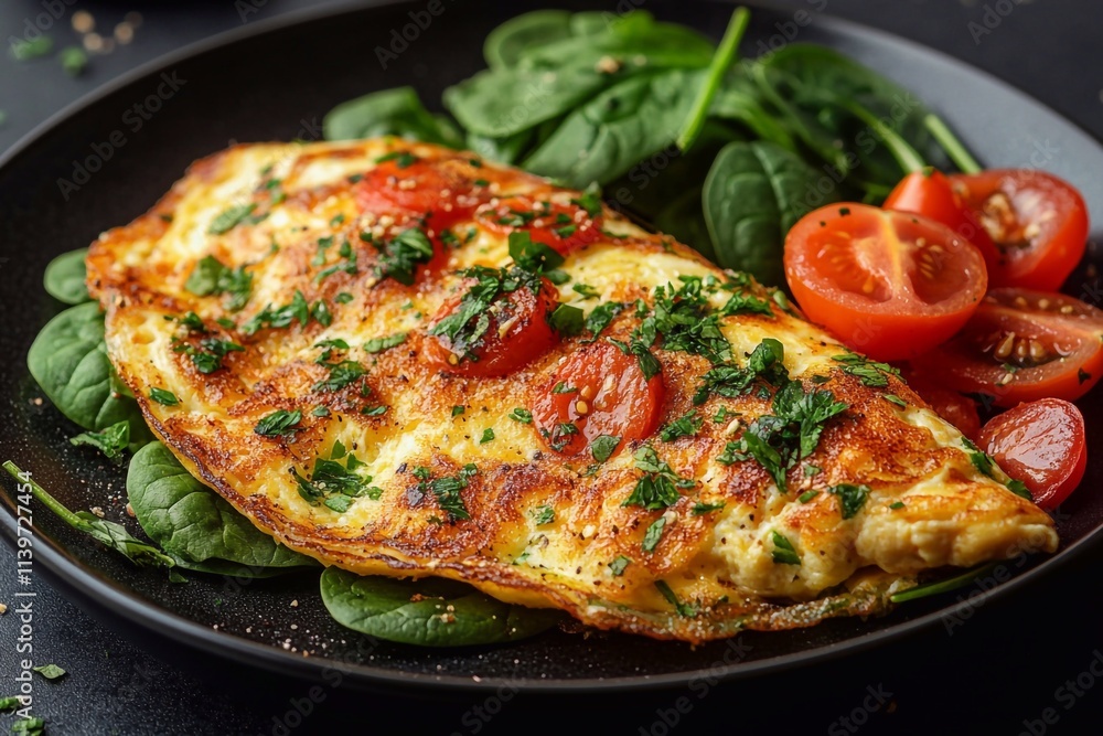 Healthy breakfast with omelet, tomatoes and spinach. Healthy breakfast with omelet, tomatoes and spinach.