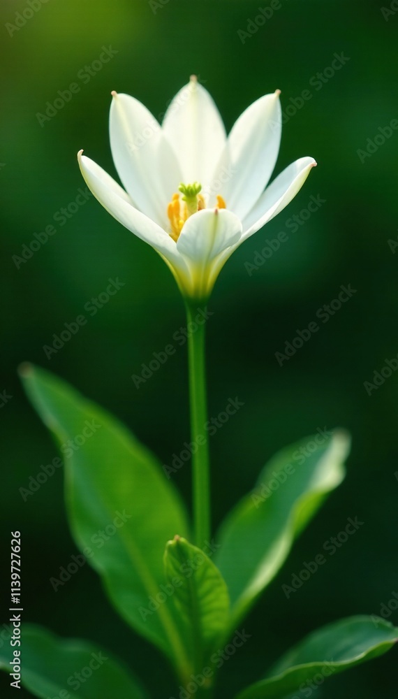 Delicate white petals unfolding on a slender stem, evergreen, plant, foliage Delicate white petals unfolding on a slender stem, evergreen, plant, foliage