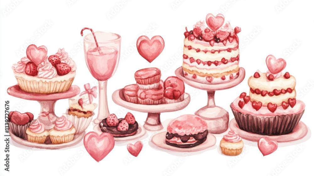 A Valentine Day dessert table with cakes and cookies A Valentine Day dessert table with cakes and cookies