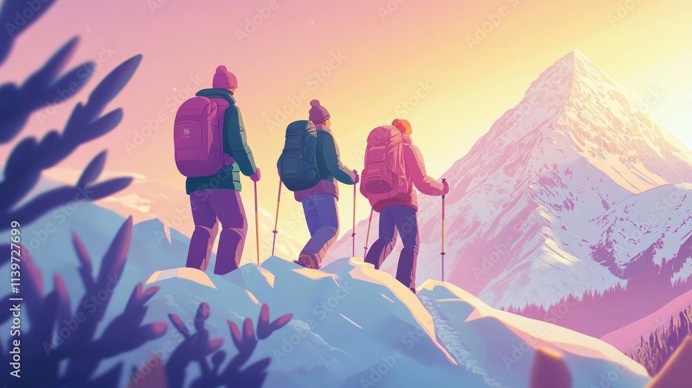 Fototapeta premium Three hikers on a snowy mountain peak at sunrise.