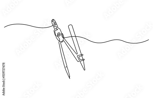 Single continuous line drawing of spring bow compass for drawing circle. Back to school minimalist style. One continuous line art of compass stationery tool drawn with single line. Can be used