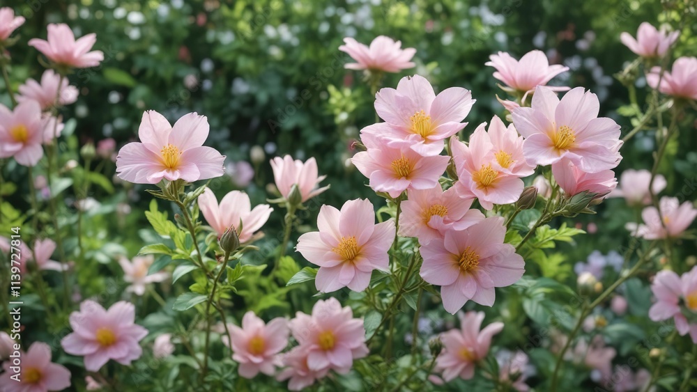 Delicate pastel-colored petals unfolding from tight buds in a lush green garden, new life, season change Delicate pastel-colored petals unfolding from tight buds in a lush green garden, new life, season change