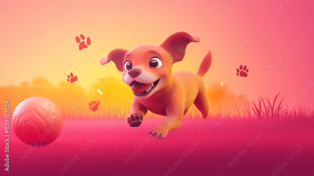 Cute cartoon puppy running towards ball in sunset field. Cute cartoon puppy running towards ball in sunset field.