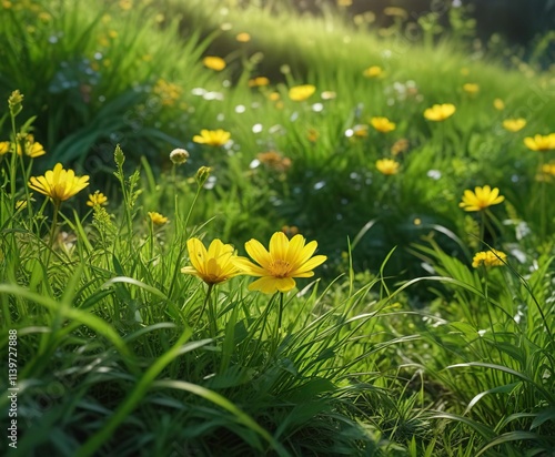 Single yellow flower among lush green grass and weeds, yellow flower, garden detail