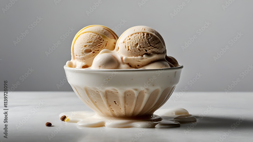Three round balls of ice cream artfully arranged in a pure white bowl, on a white background. Three round balls of ice cream artfully arranged in a pure white bowl, on a white background.