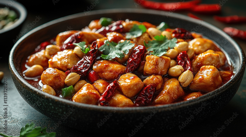 A serving of Chinese kung pao chicken with peanuts and dried chilies on a ceramic plate A serving of Chinese kung pao chicken with peanuts and dried chilies on a ceramic plate
