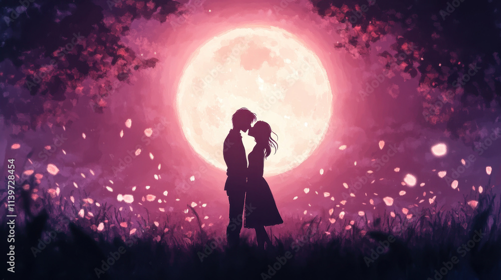 A silhouette of a couple sharing a kiss on a hilltop. love, silhouette, moon, A silhouette of a couple sharing a kiss on a hilltop. love, silhouette, moon,