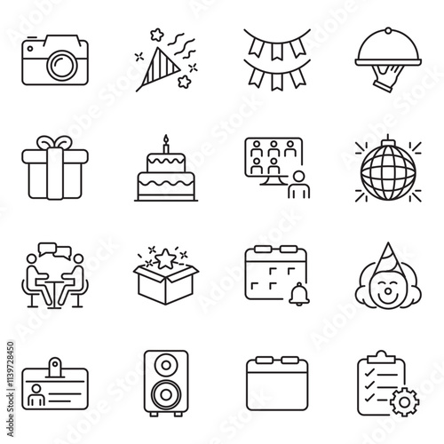 Event planning set of web icons in linear style. Event organisation icons for web and mobile app. Management, wedding, entertainment, catering, invitations, catering, coordination. Vector illustration