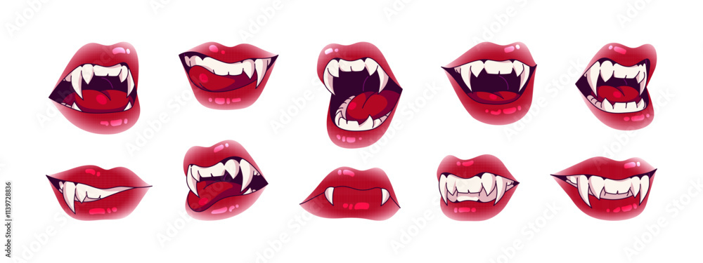 custom made wallpaper toronto digitalVampire smiles set. Dracula character mouth with sharp fangs. Sexy red lips with tongue and teeth lick, bite. Halloween bloody monster jaws. Flat isolated vector illustrations on white background