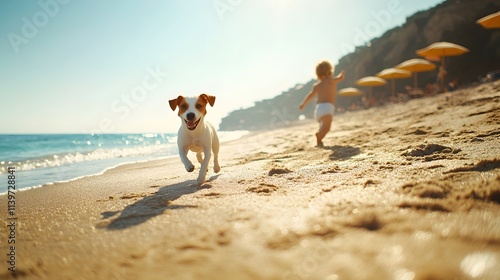 dog and boy walking on the beach