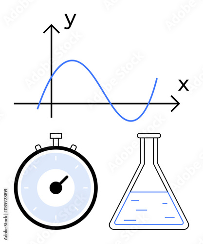 Mathematical graph with sine wave stopwatch and laboratory flask with liquid. Ideal for education, data analysis, science, research, time management, physics, chemistry. Line metaphor