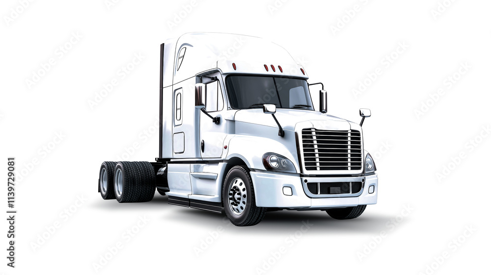 Showcasing a white tractor trailer truck without a trailer, this sleek design highlights its shiny exterior and photorealistic features against a pure white backdrop. Showcasing a white tractor trailer truck without a trailer, this sleek design highlights its shiny exterior and photorealistic features against a pure white backdrop.