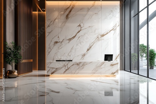 Modern marble reception desk in luxury building.