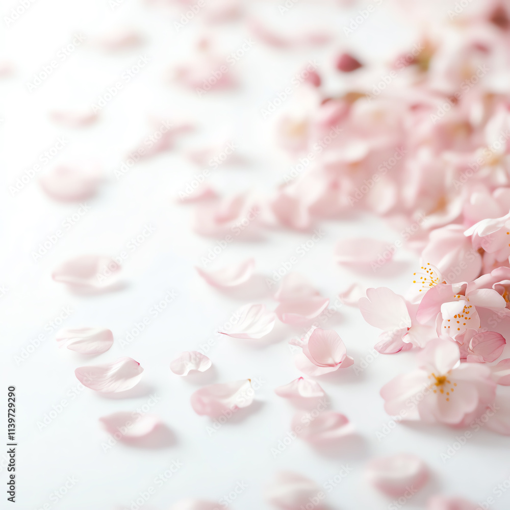 Delicate pink flower petals scattered elegantly over a soft white surface. Delicate pink flower petals scattered elegantly over a soft white surface.