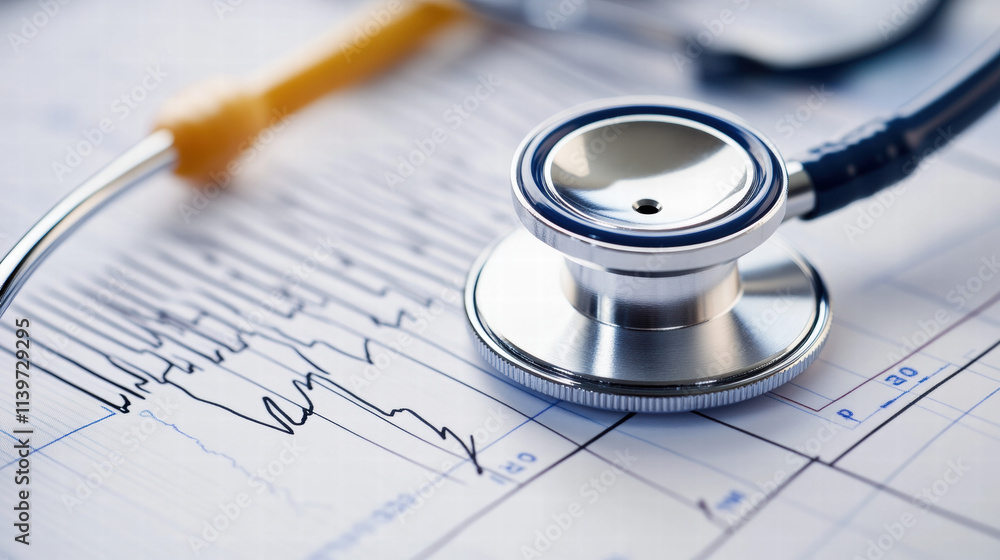Stethoscope on a medical chart with an ECG line, a close-up shot Stethoscope on a medical chart with an ECG line, a close-up shot