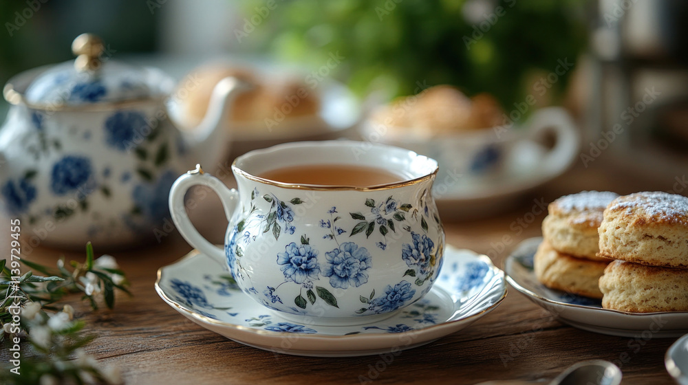 A traditional tea setup with a floral teapot, dainty teacups, and scones on the side A traditional tea setup with a floral teapot, dainty teacups, and scones on the side