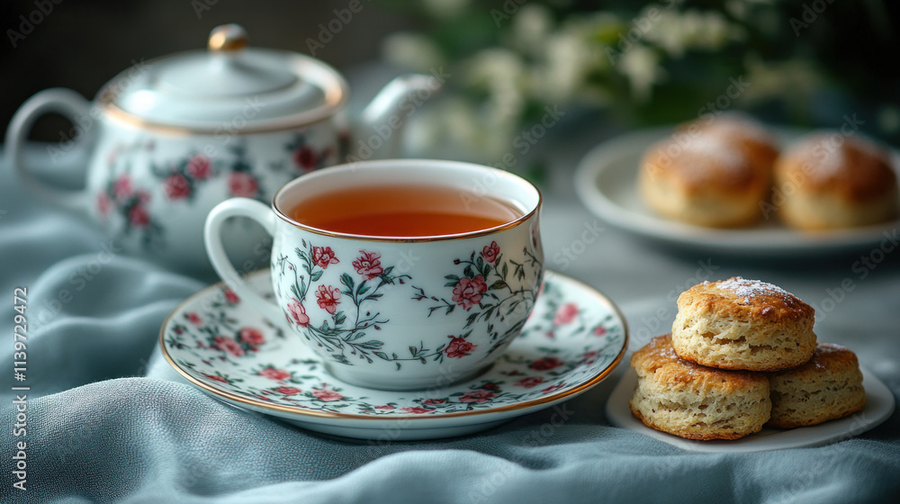 A traditional tea setup with a floral teapot, dainty teacups, and scones on the side A traditional tea setup with a floral teapot, dainty teacups, and scones on the side