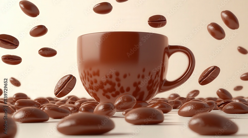 Obraz premium Coffee Cup with Floating Coffee Beans