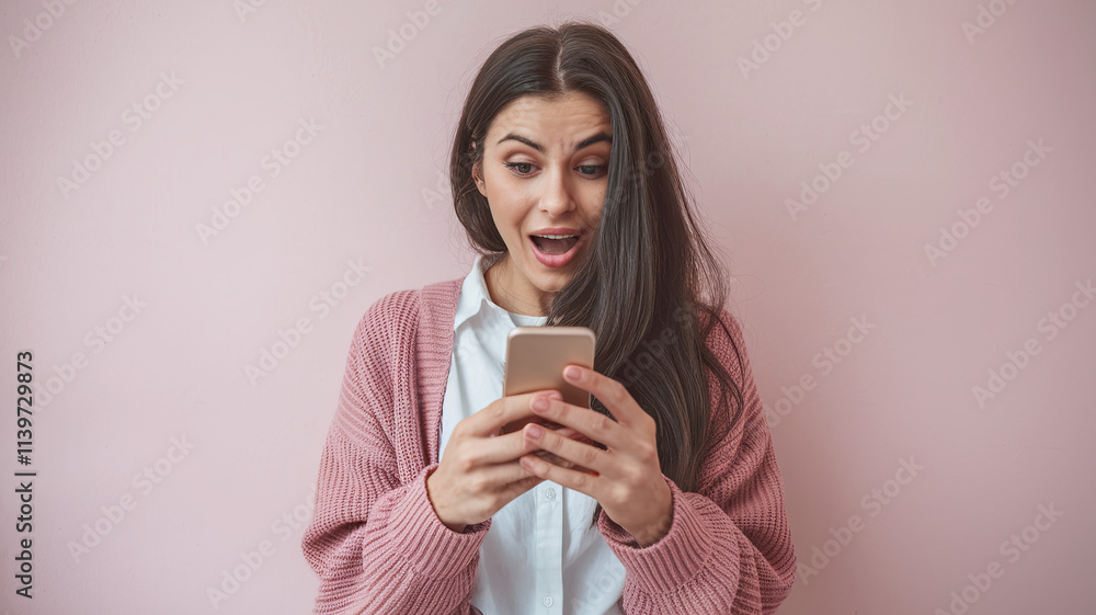 Young Woman Holding Smartphone, Looking at Its Screen with a Surprised or Excited Expression, Against Plain Pink Background, Emphasizing the Subject's Reaction Young Woman Holding Smartphone, Looking at Its Screen with a Surprised or Excited Expression, Against Plain Pink Background, Emphasizing the Subject's Reaction