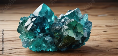 Mineral specimen with bluish green crystal texture on wooden background, mineral specimen, bluish green crystal, nature photo