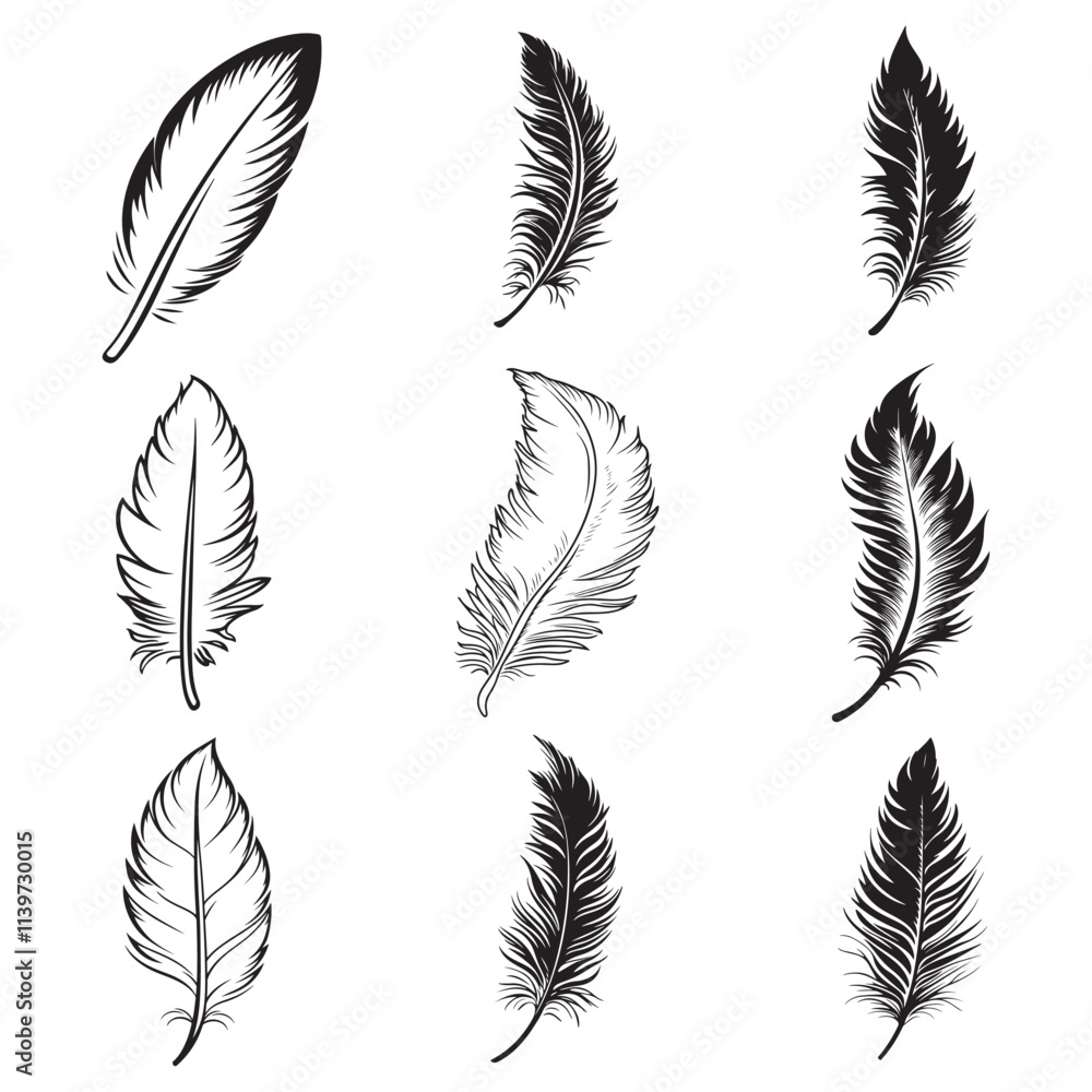 Feather icons vector set. Bird feather silhouette illustration isolated on white background Feather icons vector set. Bird feather silhouette illustration isolated on white background