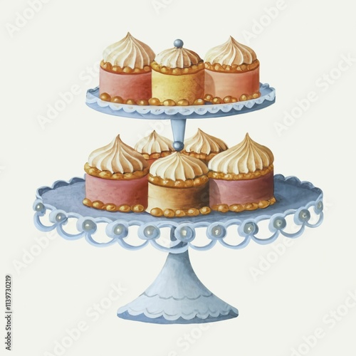 Illustration of a high tea stand with cupcakes