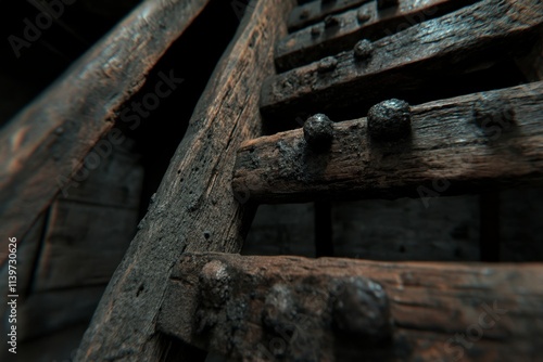 Close-up of old wooden staircase with metal fasteners, showing texture and age. photo