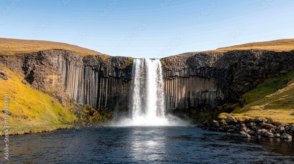Majestic Waterfall Cascading Over Unique Rock Formations Under Clear Blue Sky Majestic Waterfall Cascading Over Unique Rock Formations Under Clear Blue Sky