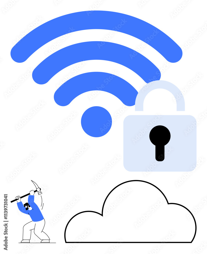 Man with pickaxe trying to crack a large padlock securing a wireless signal, with a cloud below. Ideal for internet security, data protection, cloud storage, cyber threats, network safety, online Man with pickaxe trying to crack a large padlock securing a wireless signal, with a cloud below. Ideal for internet security, data protection, cloud storage, cyber threats, network safety, online