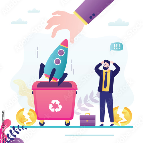 Business people failed project. Businessman investor stand near trash can, human hand throw rocket in garbage. Concept of startup failure, financial losses