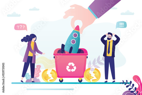 Business people failed project. Female and male character stands near trash can, boss hand throw rocket in garbage. Concept of startup failure and unsuccessful launch