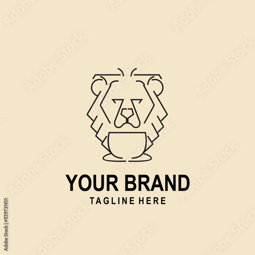 lion head logo drinking coffee with black lines